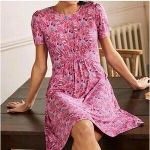 Boden Womens Knit Dress Sz 10p Pink Floral Short Sleeve Preppy Boho